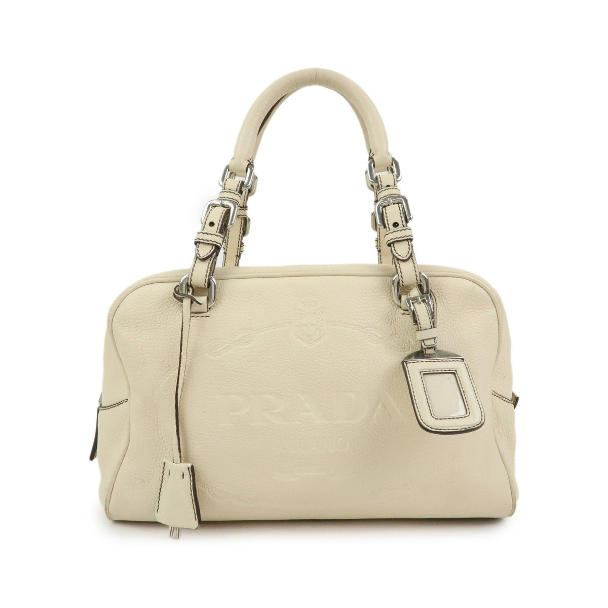 Prada Embossed Logo Bauletto Vitello Daino, Beige, Leather, Handbag