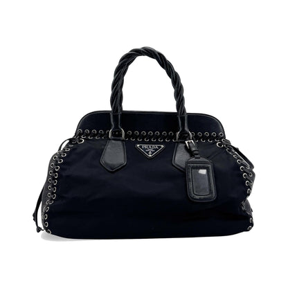 Prada Envelope Flap Bag with Nylon Strap Saffiano with City Calf, Black, Nylon, Handbag