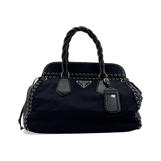 Prada Envelope Flap Bag with Nylon Strap Saffiano with City Calf, Black, Nylon, Handbag