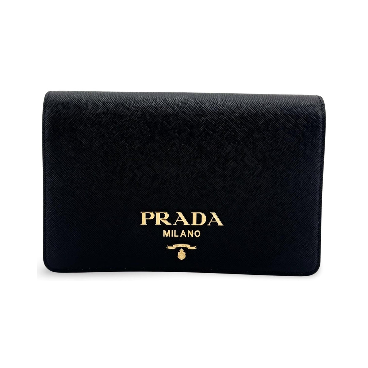 Prada Flap Card Case on Chain Saffiano Leather, Black, Leather, Card Holder
