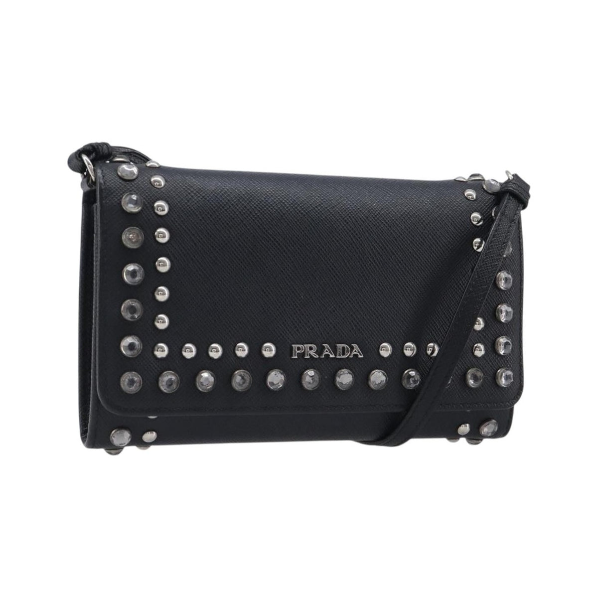 Prada Flap Studded Saffiano Leather, Black, Leather, Crossbody Bag