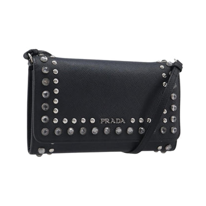 Prada Flap Studded Saffiano Leather, Black, Leather, Crossbody Bag