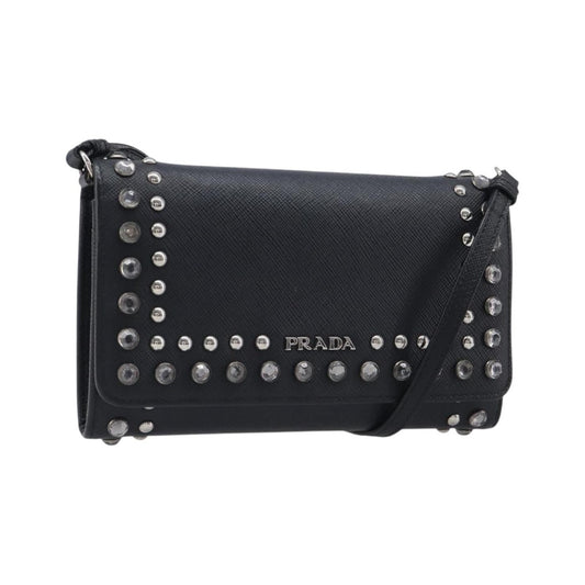 Prada Flap Studded Saffiano Leather, Black, Leather, Crossbody Bag