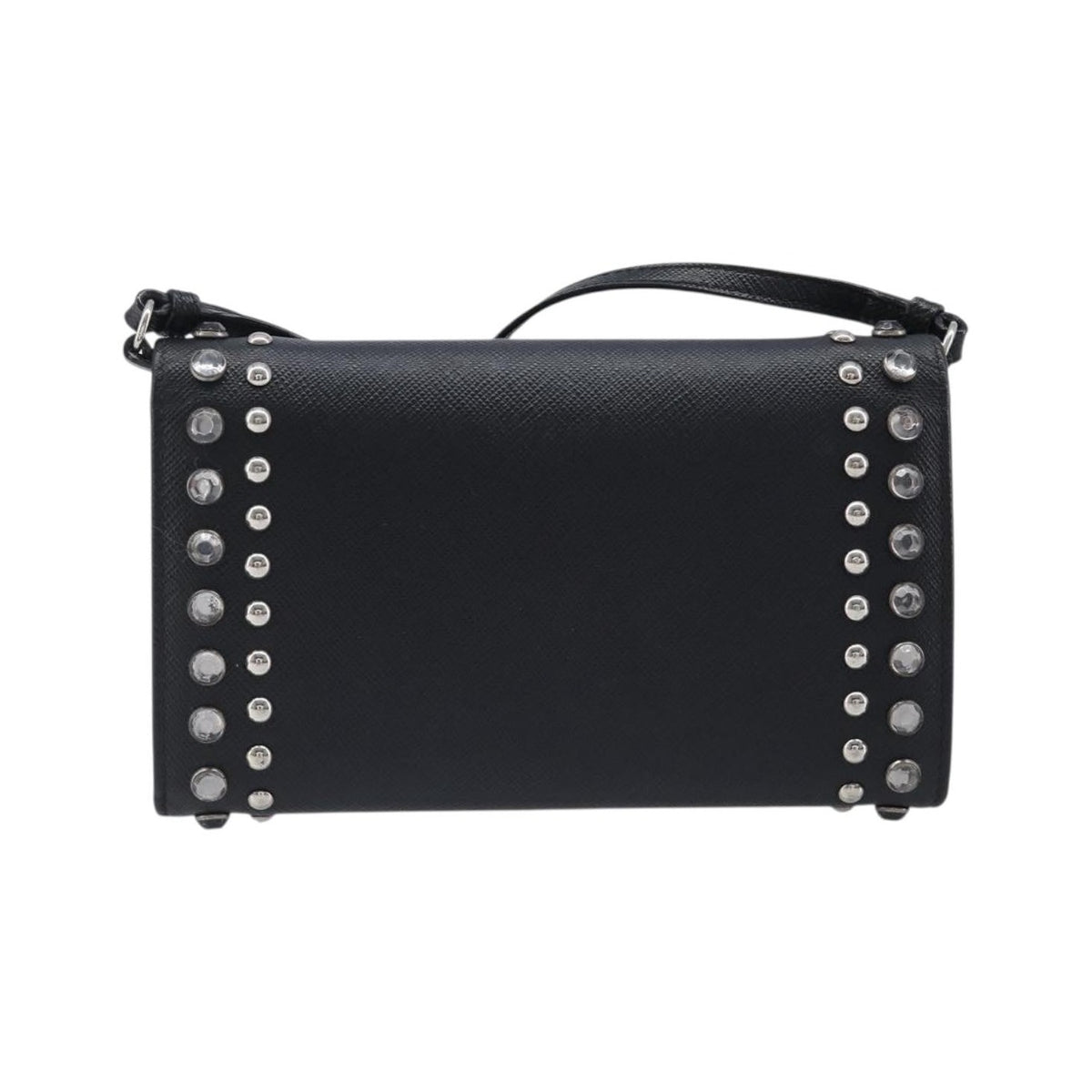 Prada Flap Studded Saffiano Leather, Black, Leather, Crossbody Bag