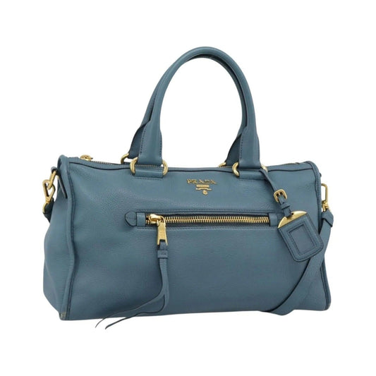 Prada Front Zip Convertible Satchel Vitello Phenix, Blue, Leather, Handbag