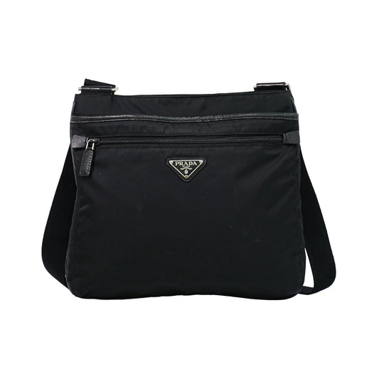Prada Front Zip Messenger Quilted Tessuto, Black, Nylon, Shoulder Bag