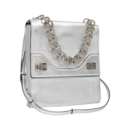 Prada Galleria Double Zip Saffiano Leather, Silver, Leather, Shoulder Bag
