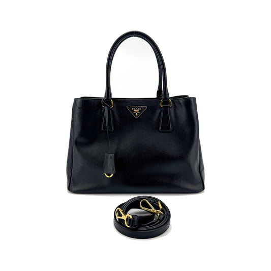 Prada Galleria Double Zip Spazzolato Leather, Black, Leather, Tote Bag