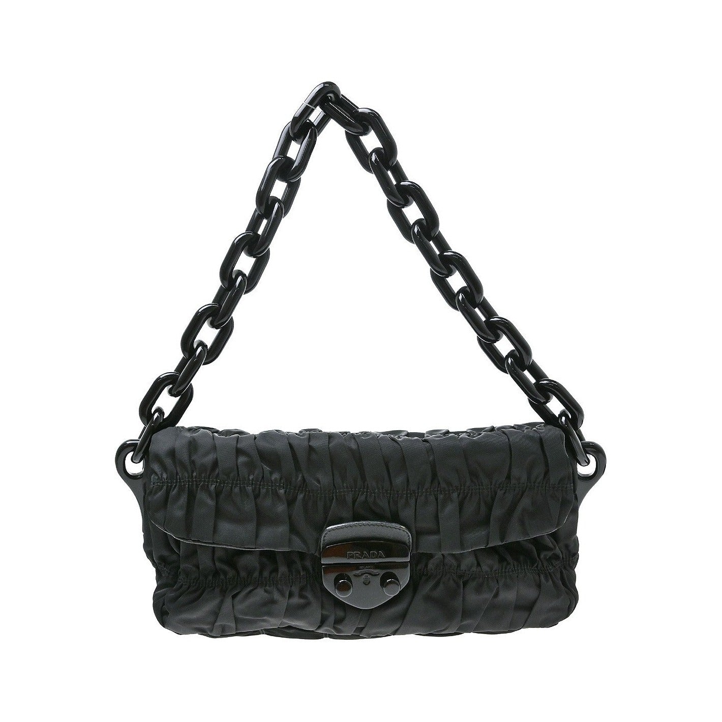 Prada Gaufre Chain Flap Nappa Leather, Black, Nylon, Shoulder Bag