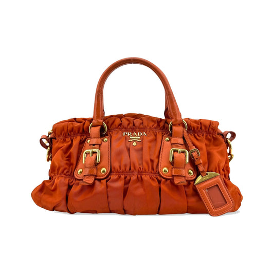 Prada Gaufre Convertible Satchel Leather and Tessuto, Orange, Nylon, Handbag