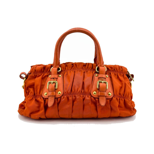 Prada Gaufre Convertible Satchel Leather and Tessuto, Orange, Nylon, Handbag