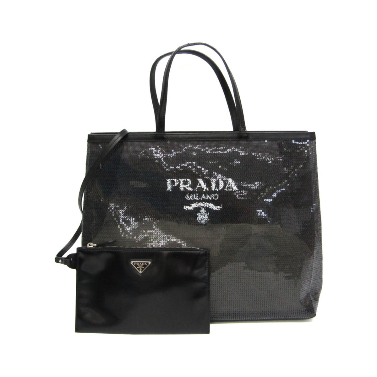 Prada Logo Open Sequined Mesh, Black, Mesh, Tote Bag