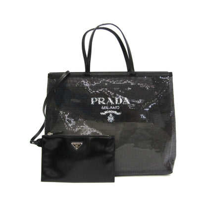 Prada Logo Open Sequined Mesh, Black, Mesh, Tote Bag