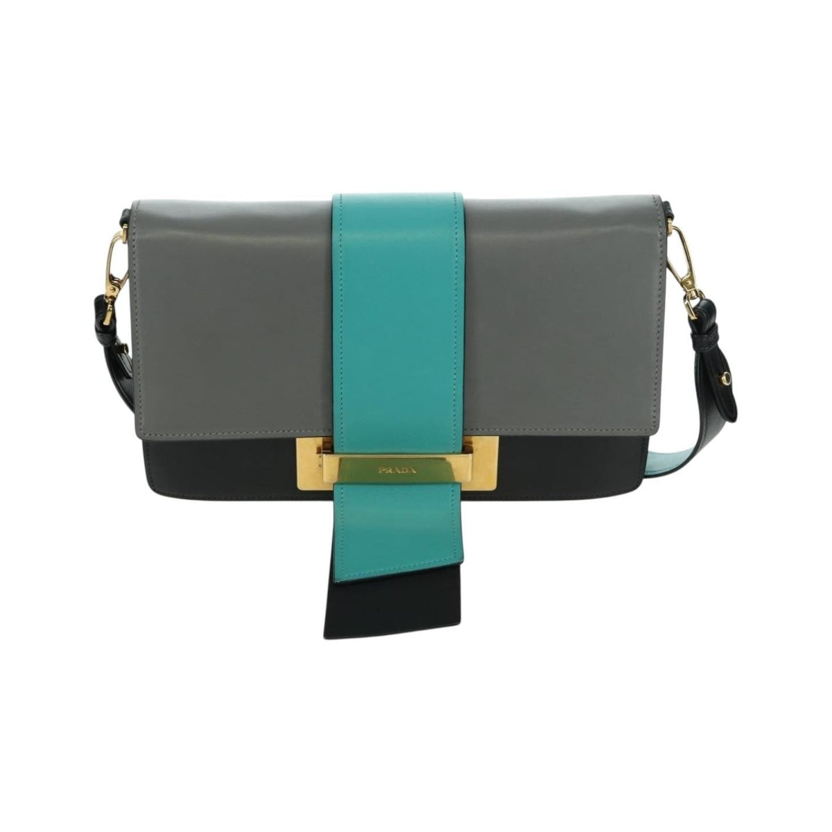 Prada Metal Ribbon City Calfskin, Gray, Leather, Shoulder Bag