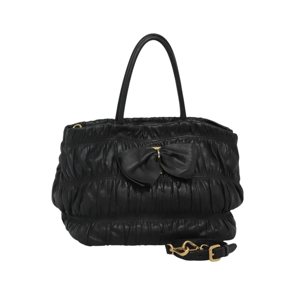 Prada Nappa Gaufre Bow Leather, Black, Leather, Tote Bag