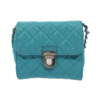 Prada Pushlock Chain Flap Bag Quilted Tessuto, Turquoise, Nylon, Shoulder Bag