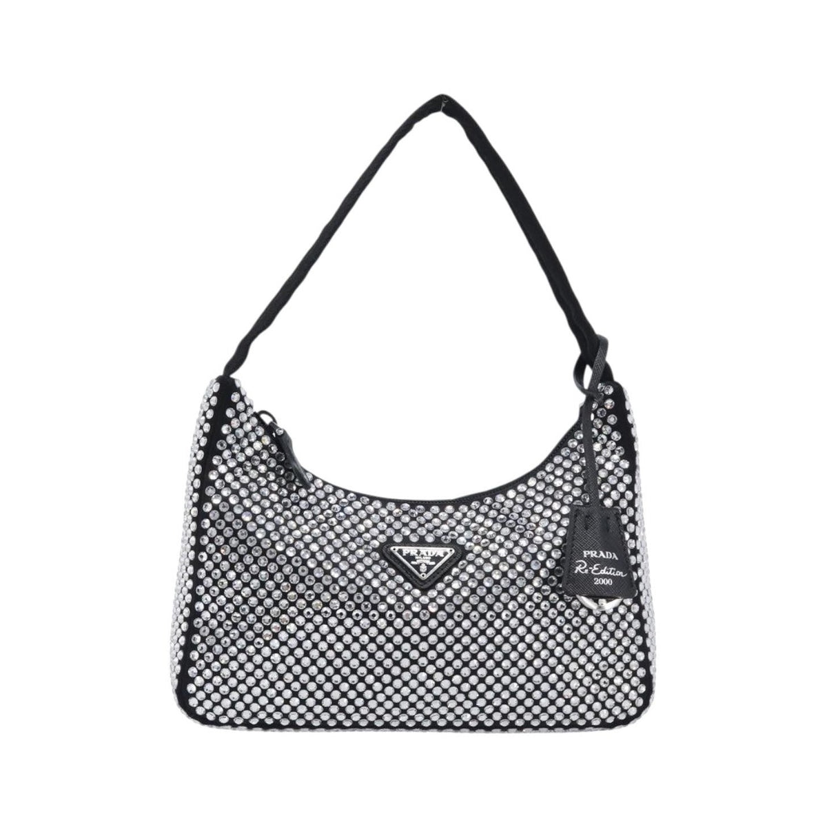 Prada Re-Edition 2000 Hobo Crystal Embellished Satin, Silver, Silk, Shoulder Bag