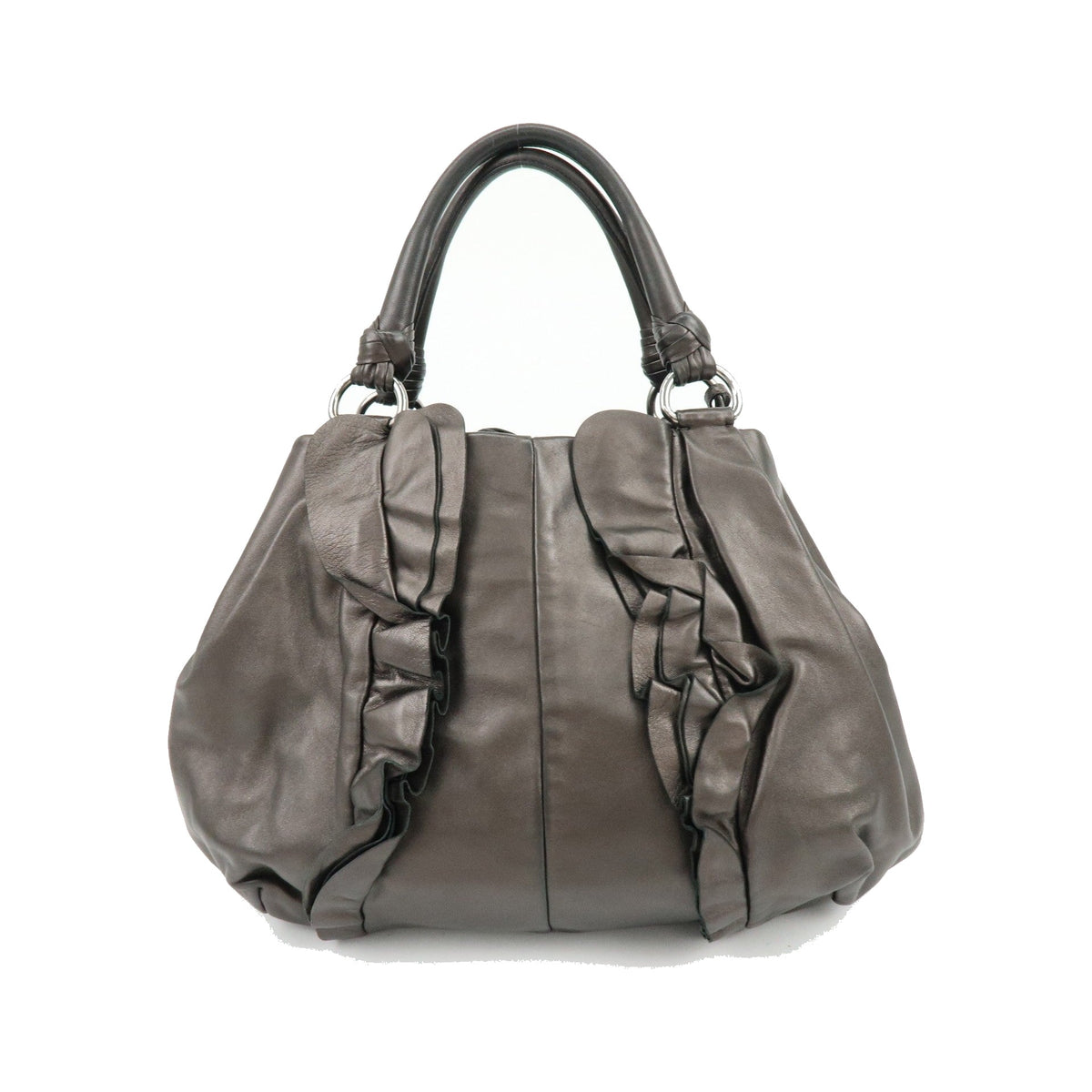 Prada Ruffle Hobo Nappa Leather, Brown, Leather, Shoulder Bag
