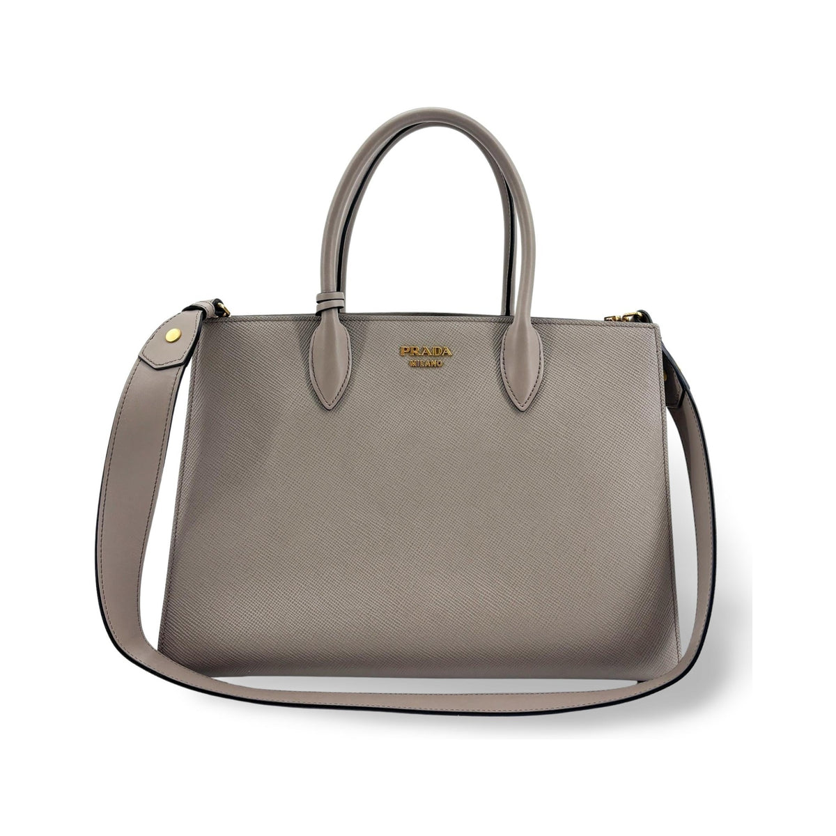 Prada Side Pleat Saffiano Leather, Gray, Leather, Tote Bag