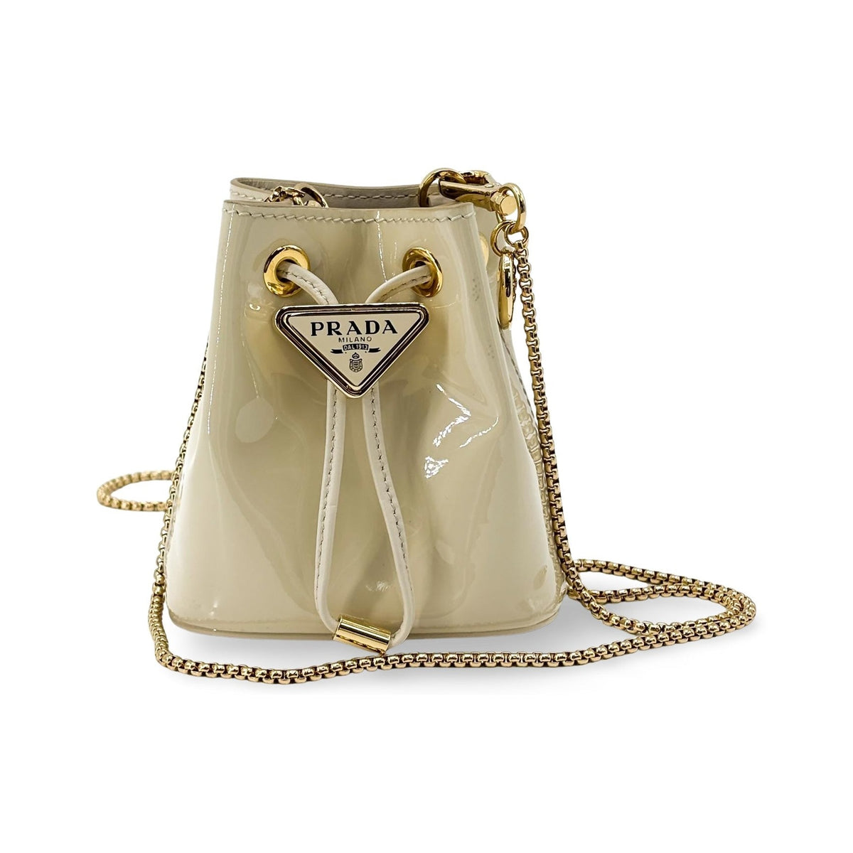 Prada Triangle Logo Drawstring Pouch Bucket Patent, Beige, Patent Leather, Clutch