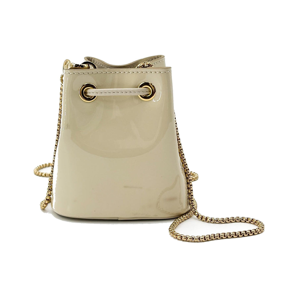 Prada Triangle Logo Drawstring Pouch Bucket Patent, Beige, Patent Leather, Clutch
