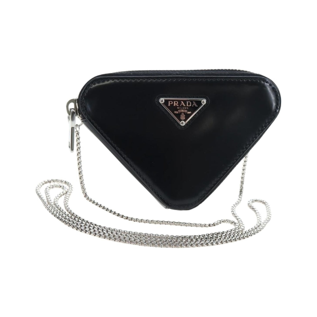 Prada Triangle Logo Zip Embossed Leather, Black, Leather, Shoulder Bag