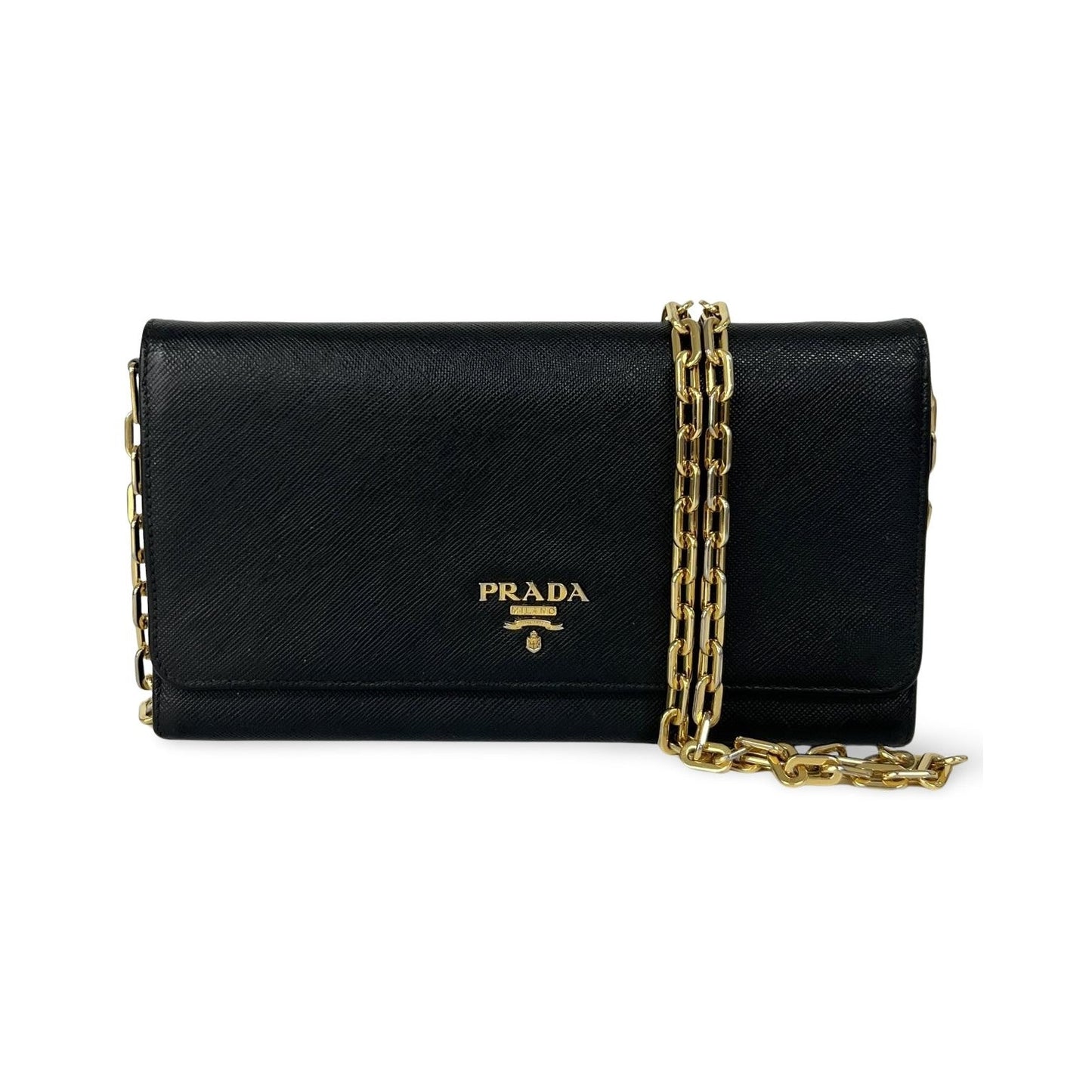 Prada Wallet on Chain Saffiano, Black, Leather, Shoulder Bag