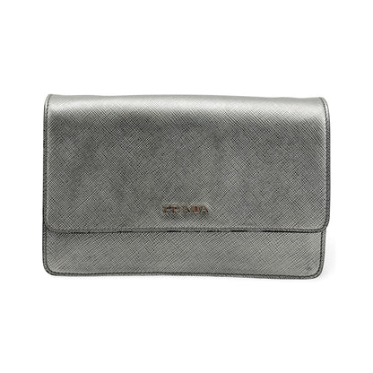 Prada Wallet on Strap Saffiano Leather, Silver, Leather, Crossbody Bag