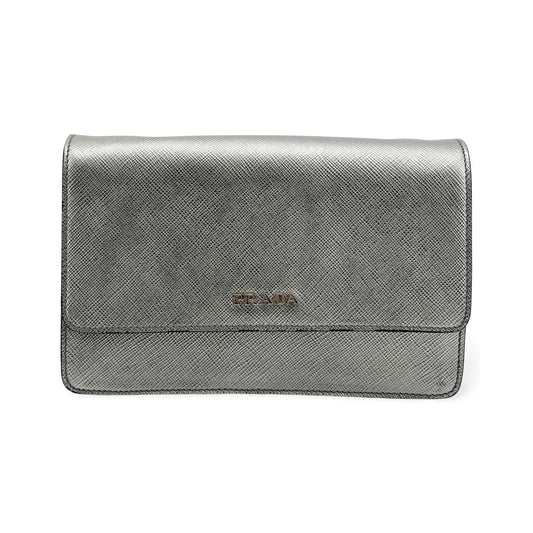 Prada Wallet on Strap Saffiano Leather, Silver, Leather, Crossbody Bag