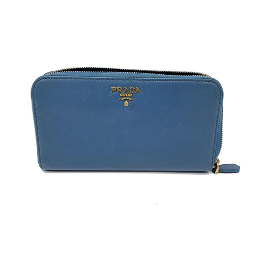 Prada Zip Around Tab Saffiano Leather, Blue, Leather, Wallet