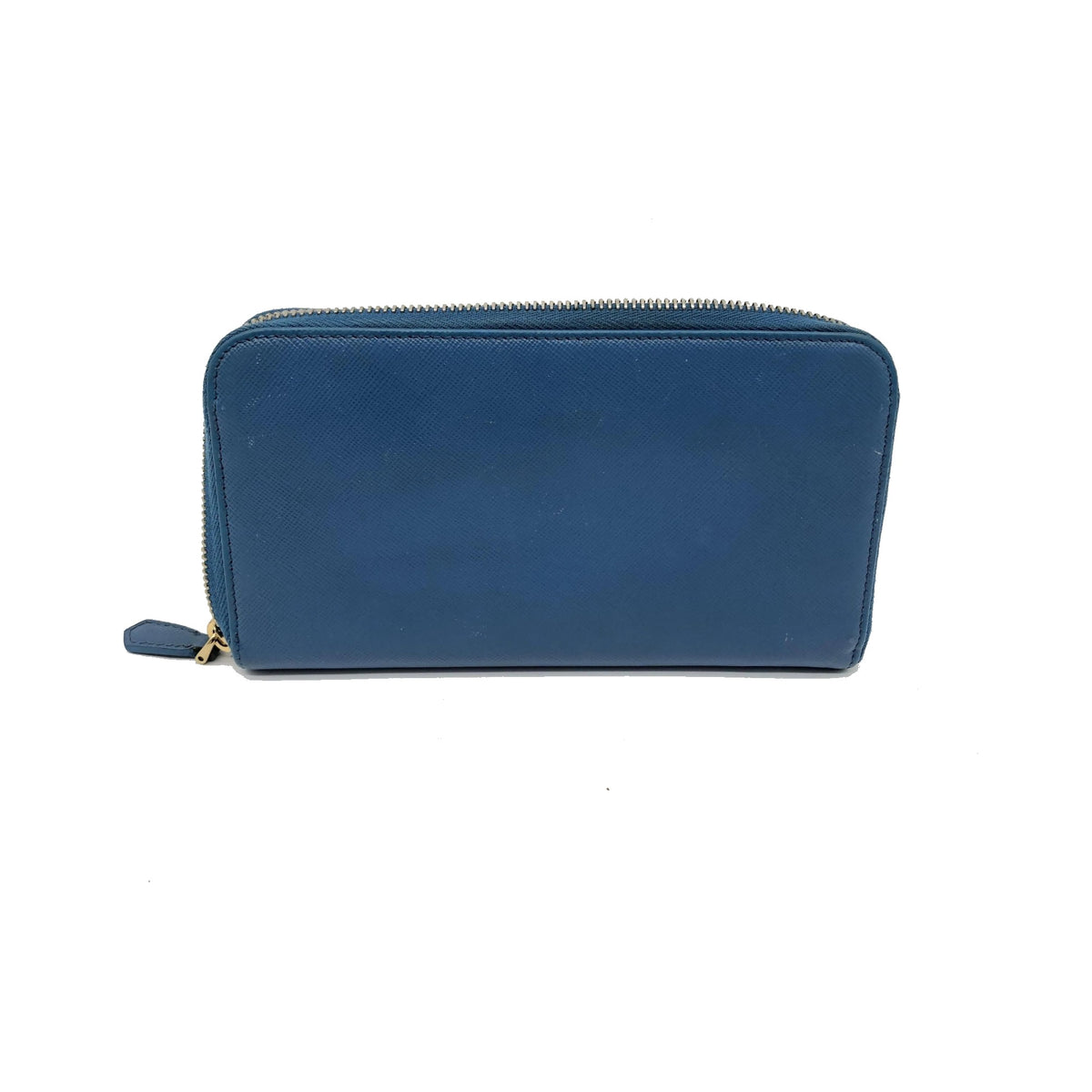 Prada Zip Around Tab Saffiano Leather, Blue, Leather, Wallet