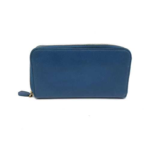 Prada Zip Around Tab Saffiano Leather, Blue, Leather, Wallet