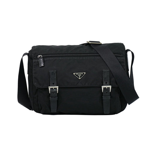 Prada Zip Buckle Messenger Tessuto, Black, Nylon, Shoulder Bag