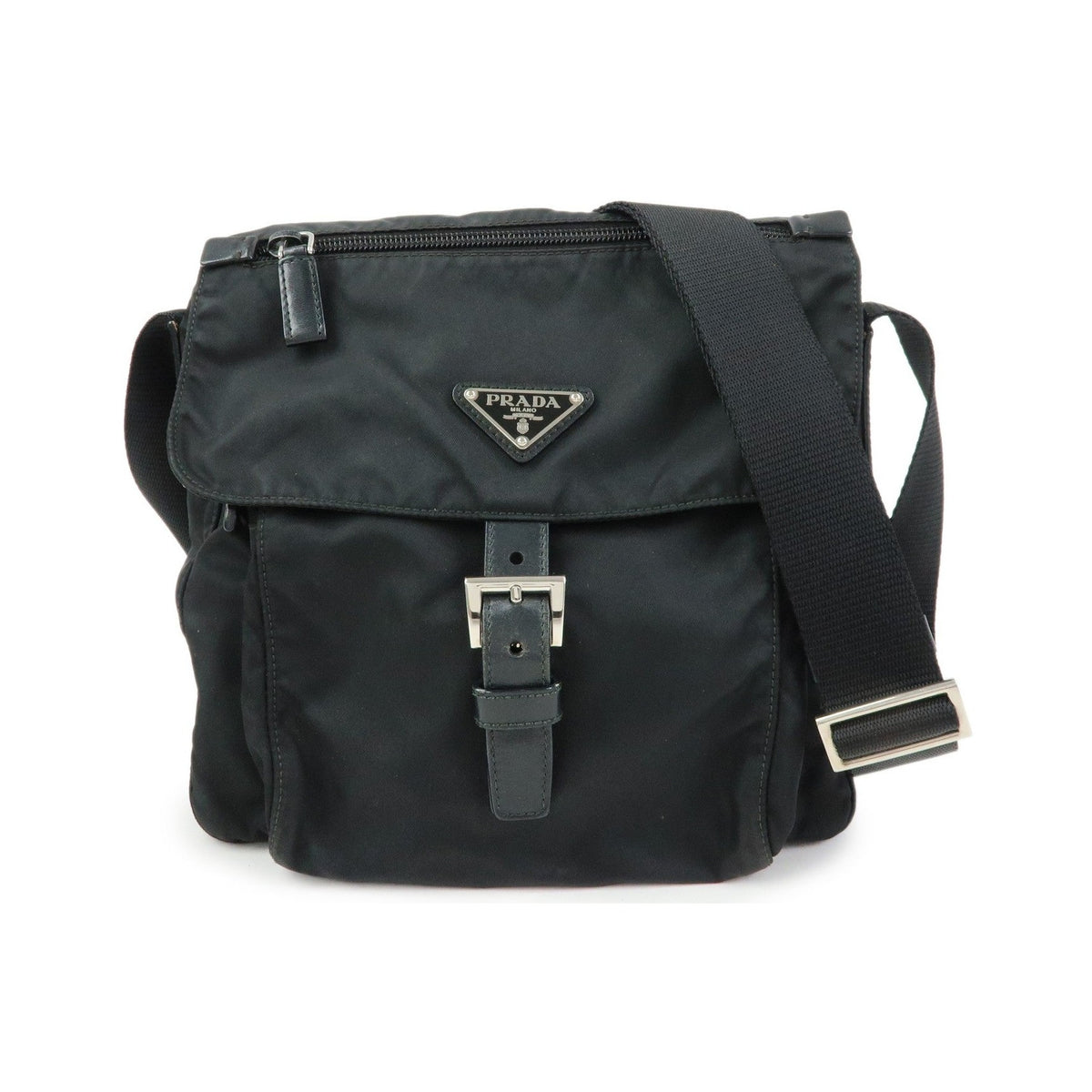 Prada Zip Buckle Messenger Tessuto, Black, Nylon, Handbag
