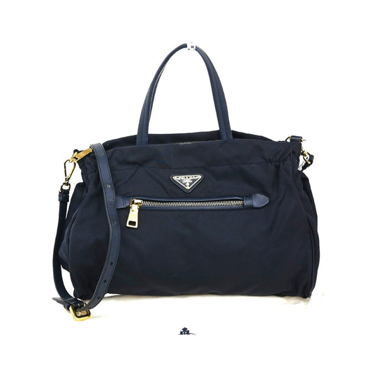 Prada Zip Convertible Shopping Tessuto with Saffiano Leather, Navy, Nylon, Tote Bag