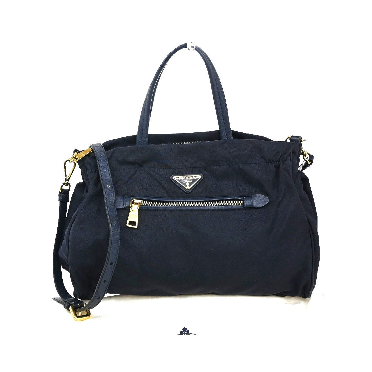 Prada Zip Convertible Shopping Tote Tessuto with Saffiano Leather, Navy, Nylon, Handbag