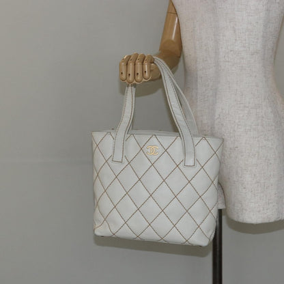 Chanel Surpique Tote Quilted Leather, WHITE, LEATHER, Tote bag