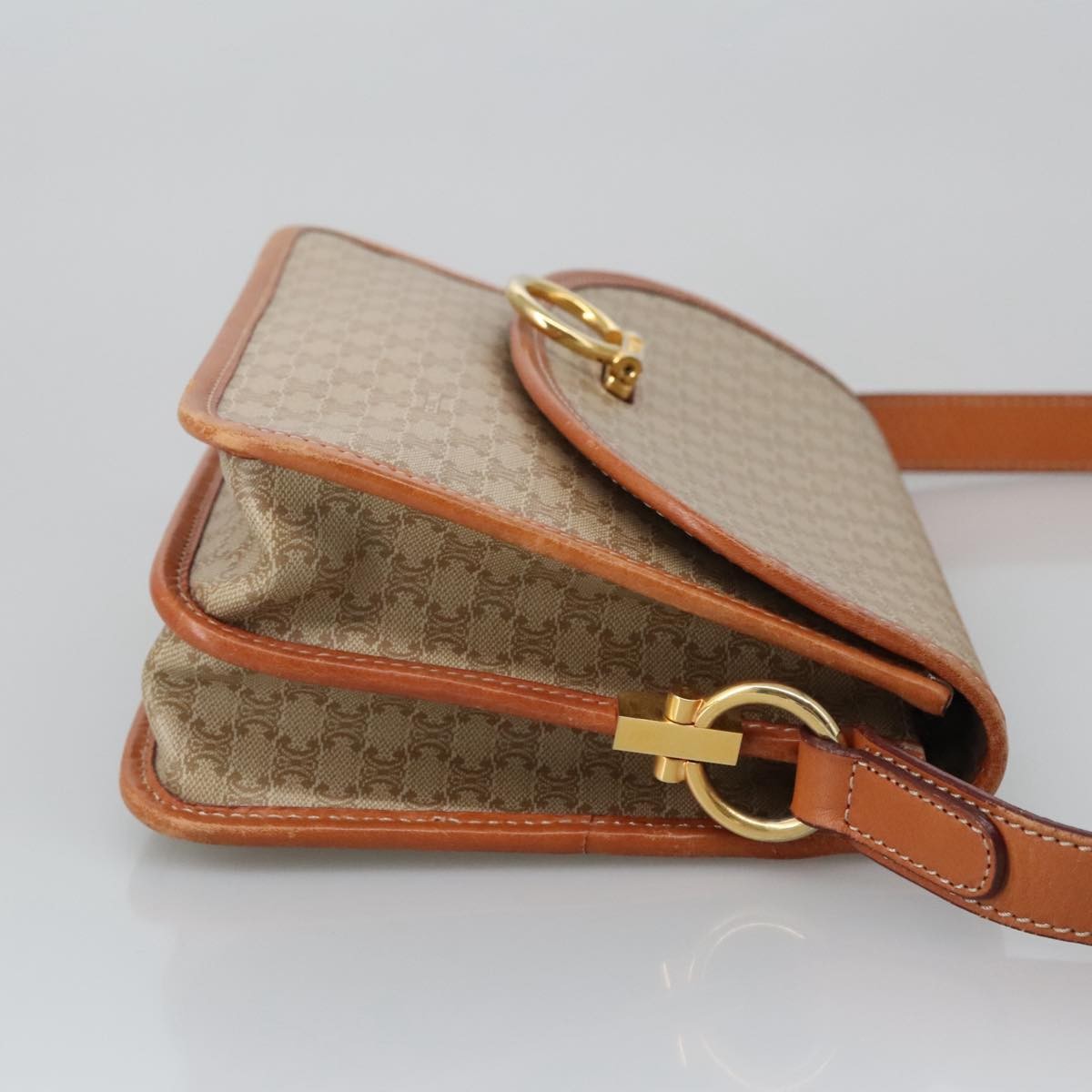 Celine Vintage Macadam Shoulder Bag Canvas and Leather, Beige, Canvas, Shoulder Bag