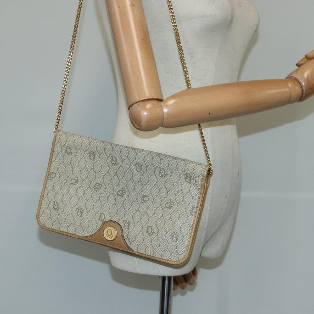 Christian Dior Vintage Honeycomb chain Canvas, BEIGE, CANVAS, Handbag