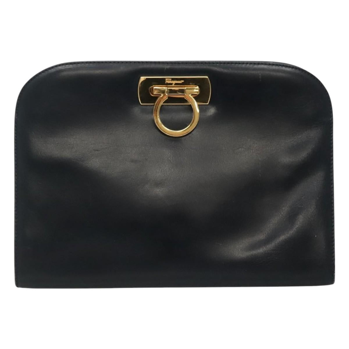 Salvatore Ferragamo Vintage Gancini Chain Shoulder Bag Leather, NAVY, LEATHER, Shoulder bag