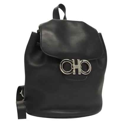 Salvatore Ferragamo Gancini Flap Drawstring Backpack Leather, BLACK, LEATHER, Backpack