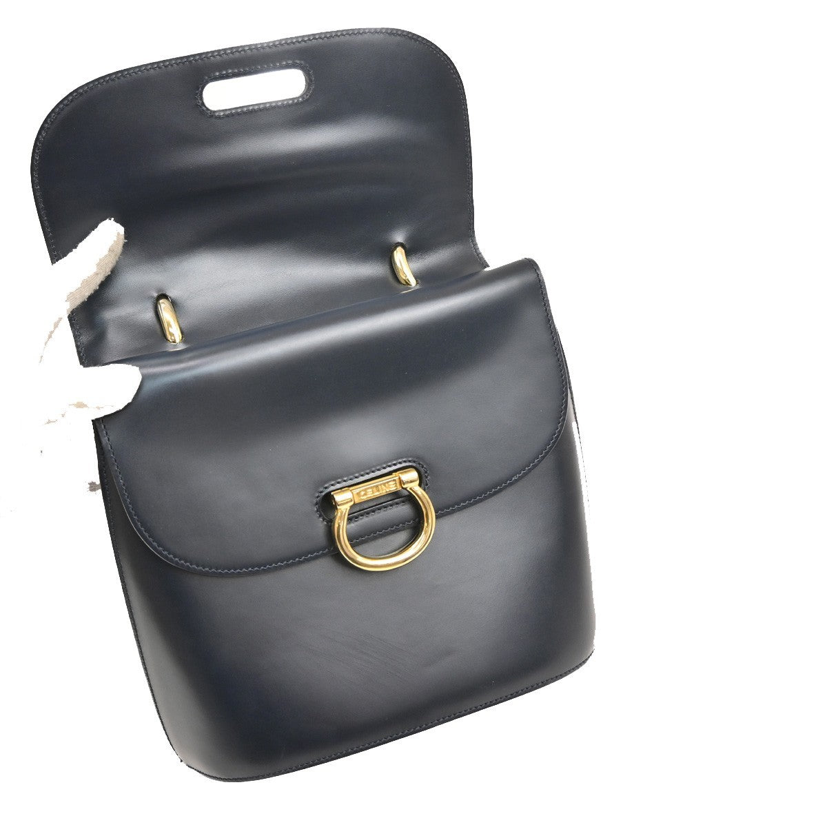 Celine Gancini Handbag Leather, NAVY, LEATHER, Handbag