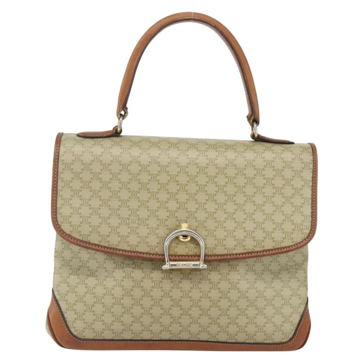 Celine Vintage Macadam Handbag Canvas and Leather, BEIGE, CANVAS, Handbag