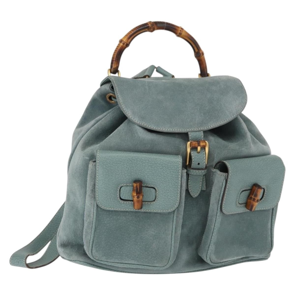 Gucci Vintage Bamboo Backpack Suede, TURQUOISE, SUEDE, Backpack