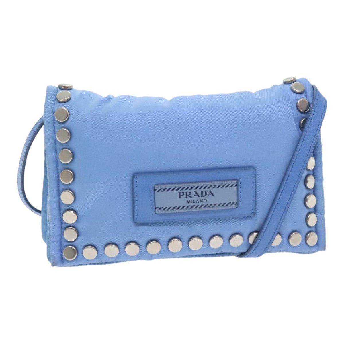 Prada Etiquette Flap Bag Studded Tessuto, BLUE, NYLON, Handbag