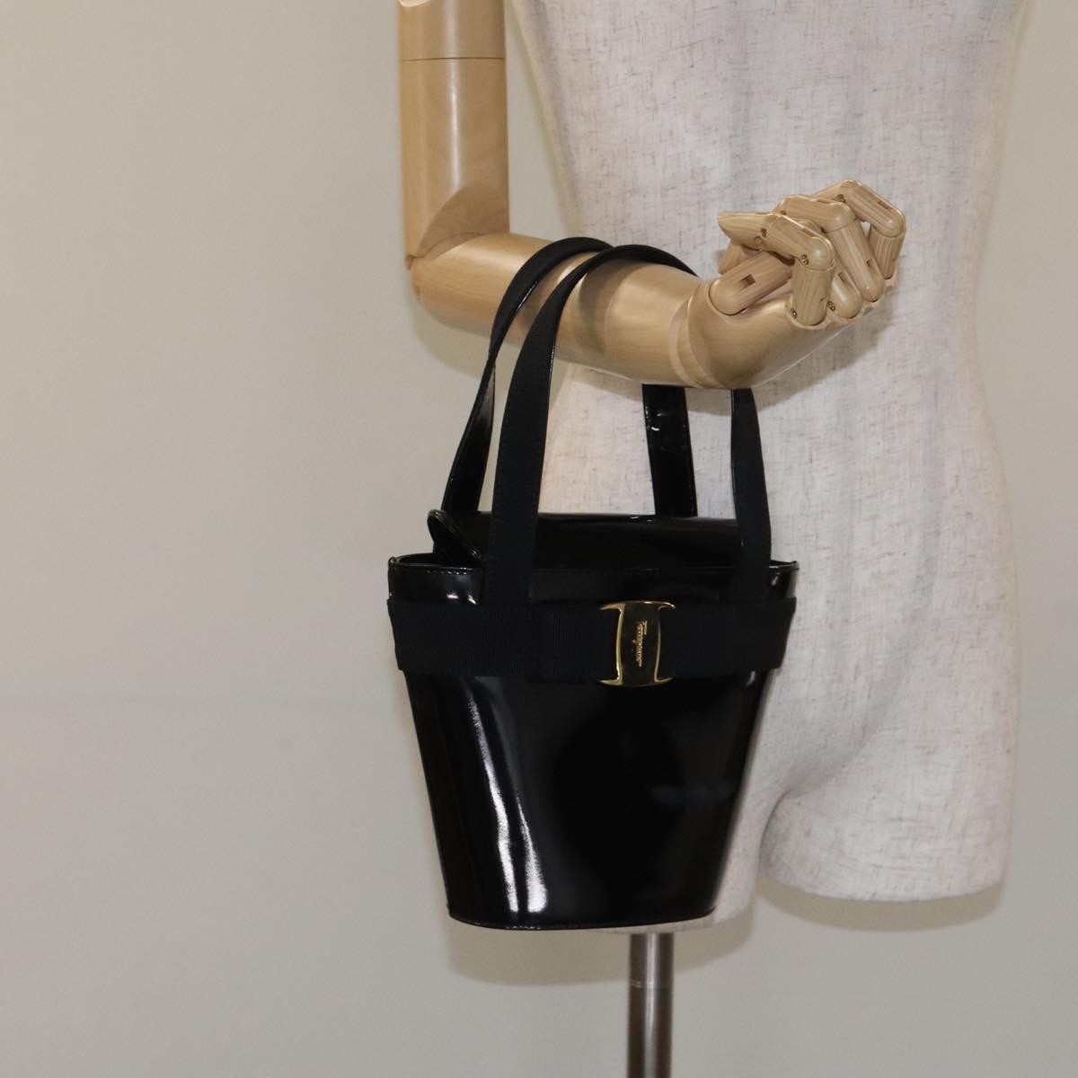 Salvatore Ferragamo Vara Bow Top Handle Bucket Bag Patent Leather, BLACK, PATENT_LEATHER, Handbag