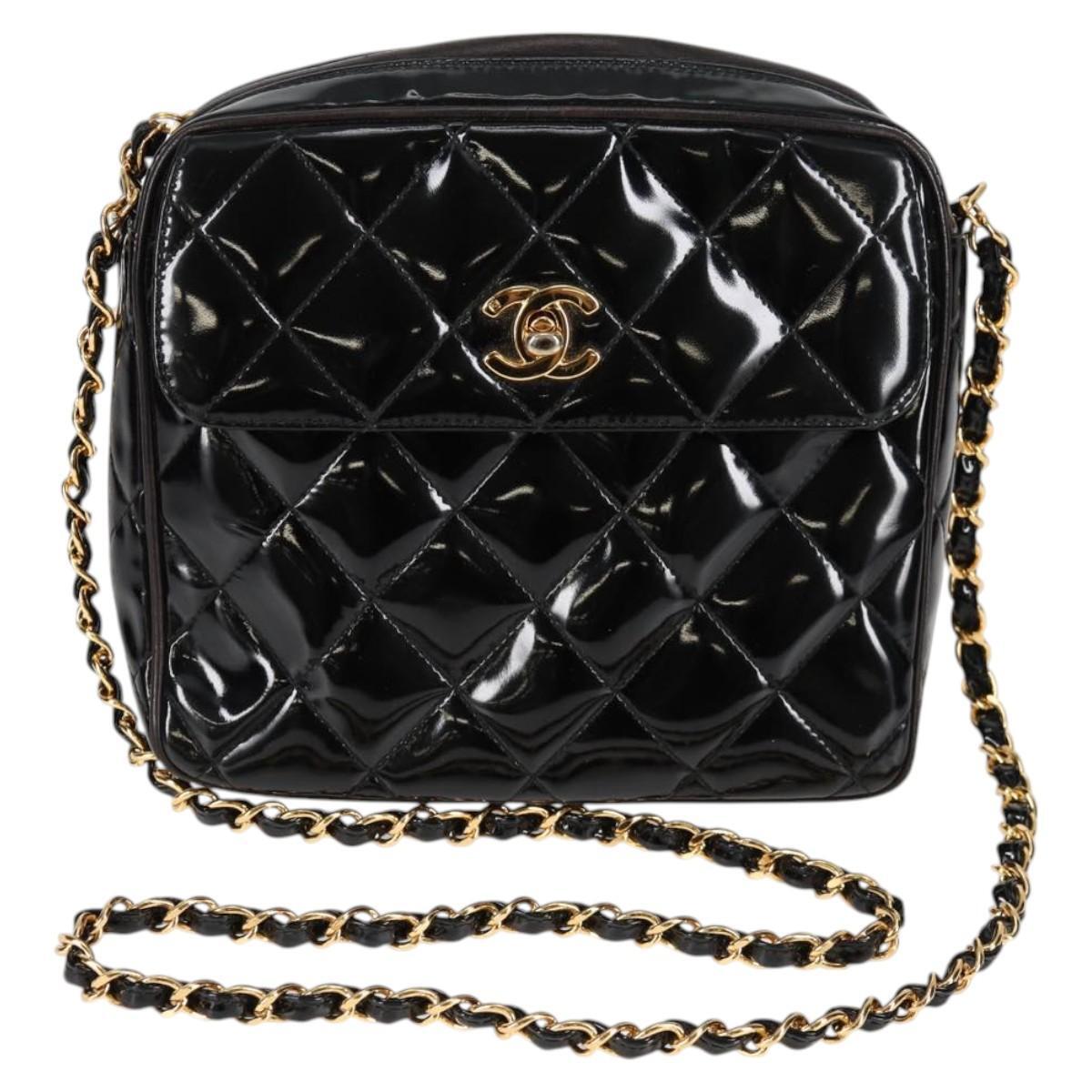 Chanel Vintage Square Front Pocket Camera Bag Quilted Patent, BLACK, PATENT_LEATHER, Crossbody bag