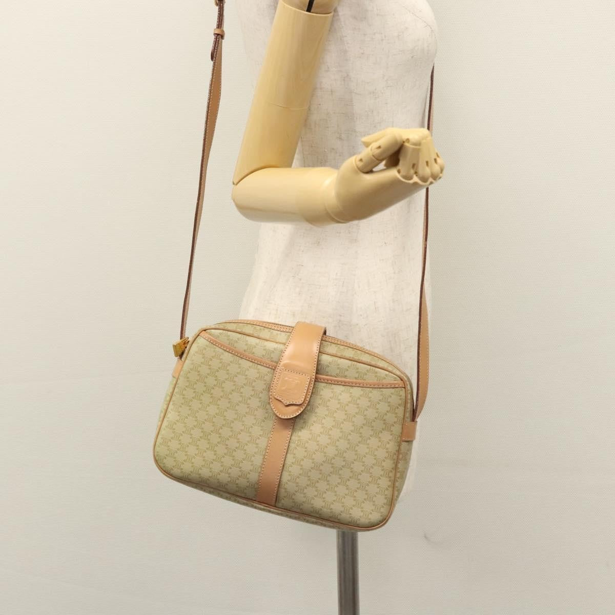 Celine Vintage Macadam Shoulder Bag Canvas and Leather, BEIGE, CANVAS, Shoulder bag