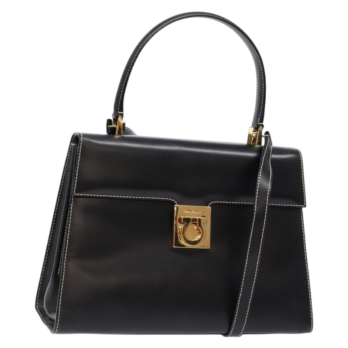 Salvatore Ferragamo Gancini Convertible Top Handle Bag Leather, BLACK, LEATHER, Handbag