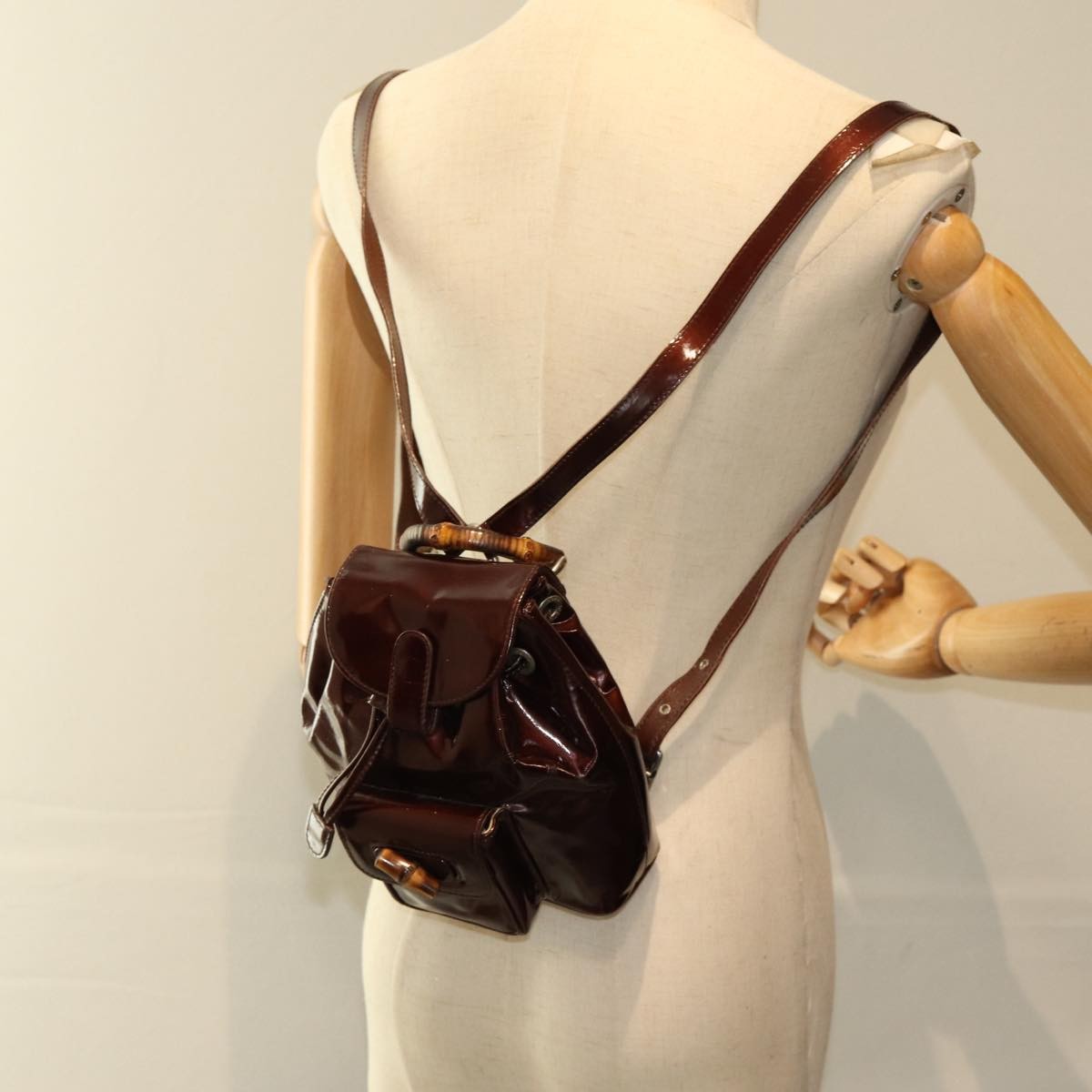 Gucci Vintage Bamboo Backpack Patent, BROWN, PATENT_LEATHER, Backpack
